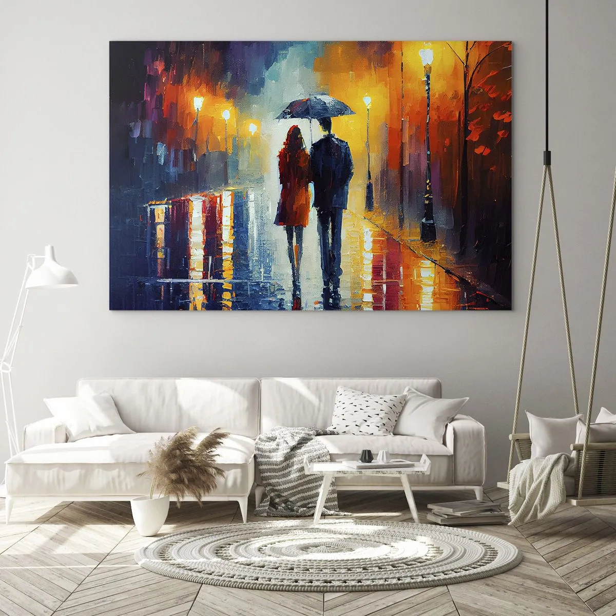 Glastavla - Bild på glas - Ett par under ett paraply på en färgglad nattgata i regnet. - 70x50cm - Tillsammans - en färgglad natt - Modern väggdekoration för vardagsrum och sovrum ARTTOR