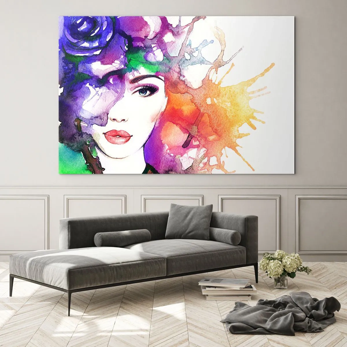 Glastavla - Bild på glas - En kvinna med suddig, färgglad bakgrund i akvarellstil - 70x50cm - Med huvudet i himlen - Modern väggdekoration för vardagsrum och sovrum ARTTOR