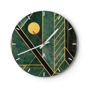 Väggklocka - Klocka på glas - Grön bakgrund med geometriska guldlinjer och en guldcirkel - 30x30cm - Dynamik av guld och azurblå - Modern väggdekoration för vardagsrum, kök och sovrum ARTTOR