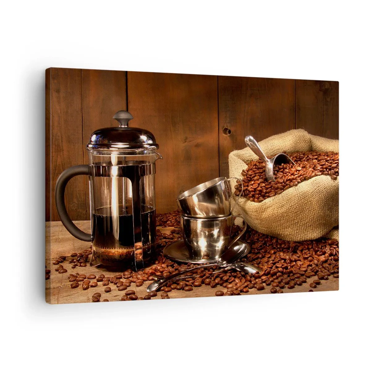 Canvastavla - Bild på duk - Fransk press, koppar och en påse kaffe på en träbakgrund - 70x50cm - Kaffets charm - arom och smak - Modern väggdekoration för vardagsrum och sovrum ARTTOR
