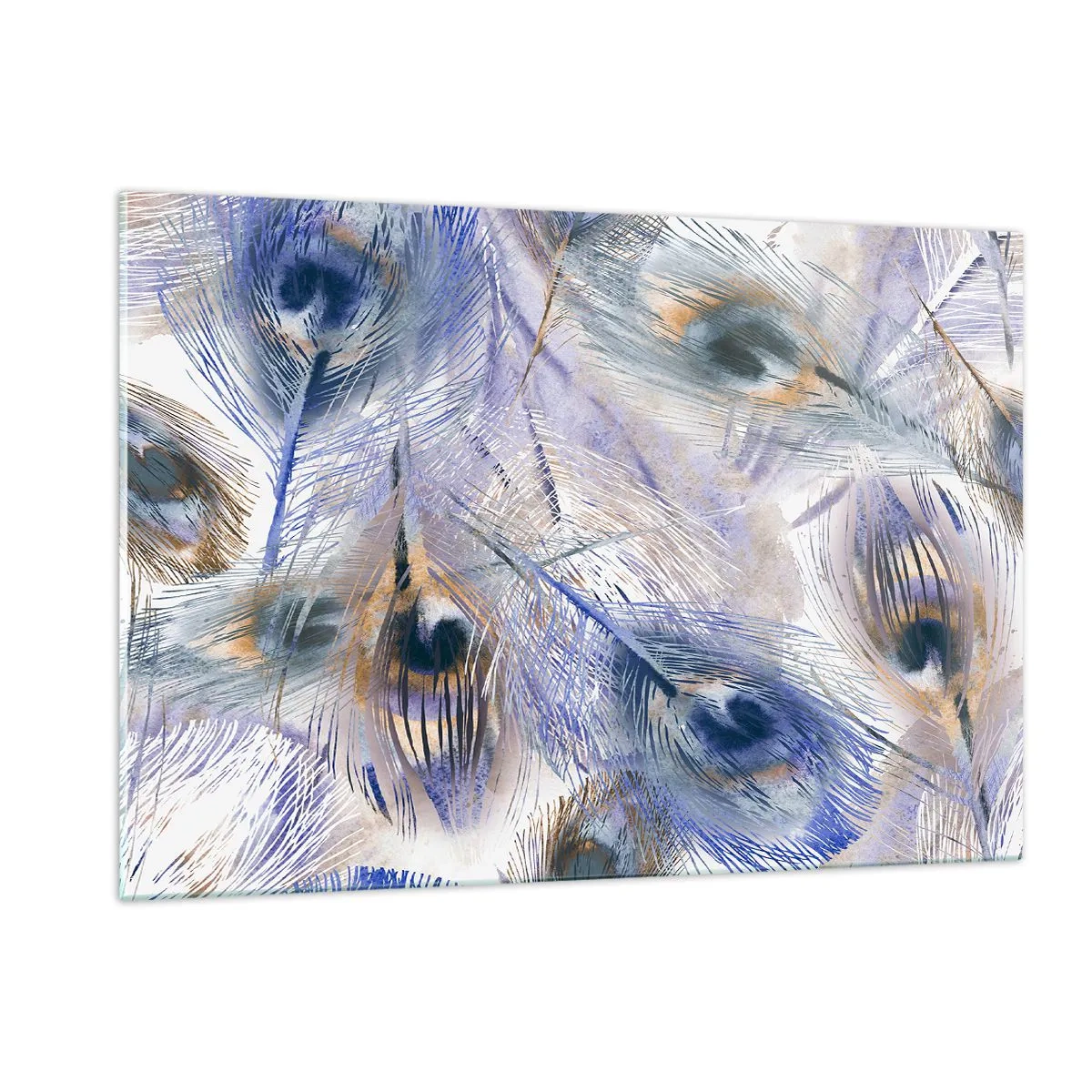 Glastavla - Bild på glas - Komposition med påfågelsfjädrar - 120x80 cm