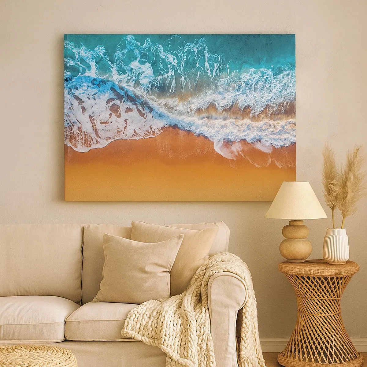 Canvastavla - Bild på duk - Flygfoto över havsvågor som slår mot stranden - 70x50cm - Alltid i par - Modern väggdekoration för vardagsrum och sovrum ARTTOR