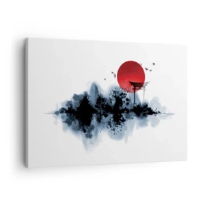 Canvastavla - Bild på duk - Röd sol över ett pittoreskt landskap med torii - 70x50cm - Japansk utsikt - Modern väggdekoration för vardagsrum och sovrum ARTTOR