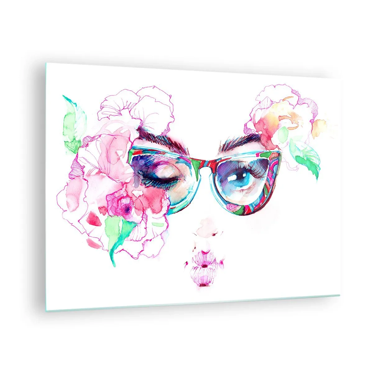 Glastavla - Bild på glas - Kvinnors ögon med blommor och färgglada glasögon i akvarellstil - 70x50cm - Frestande löfte - Modern väggdekoration för vardagsrum och sovrum ARTTOR