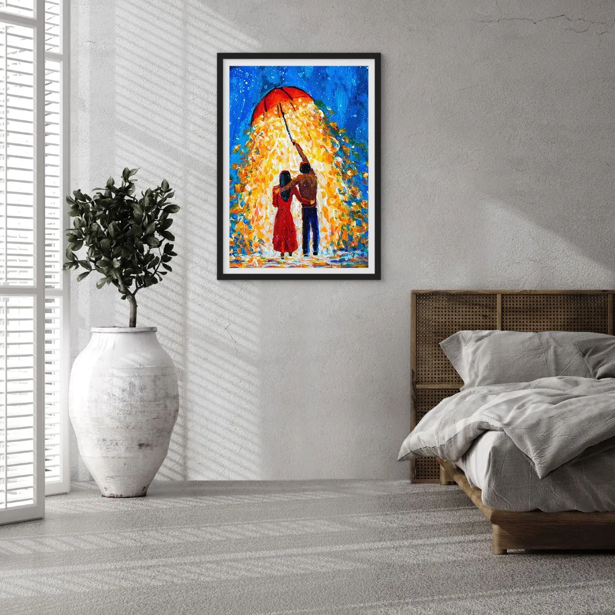 Affisch i svart ram - Ett romantiskt par under ett paraply fullt av ljus - 50x70cm - Magi på en regnig kväll? - Modern väggdekoration för vardagsrum och sovrum ARTTOR