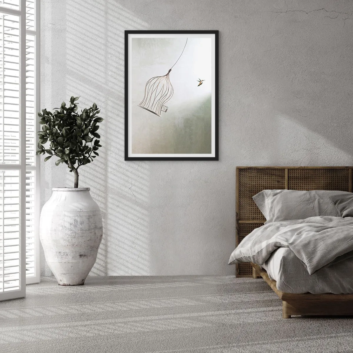 Affisch i svart ram - En fågel lämnar sin bur i minimalistisk stil. - 50x70cm - I sitt esse - Modern väggdekoration för vardagsrum och sovrum ARTTOR