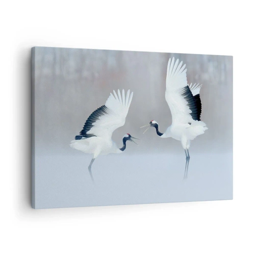 Canvastavla - Bild på duk - Två tranor som dansar i ett dimmigt landskap - 70x50cm - Dansen i dimman - Modern väggdekoration för vardagsrum och sovrum ARTTOR