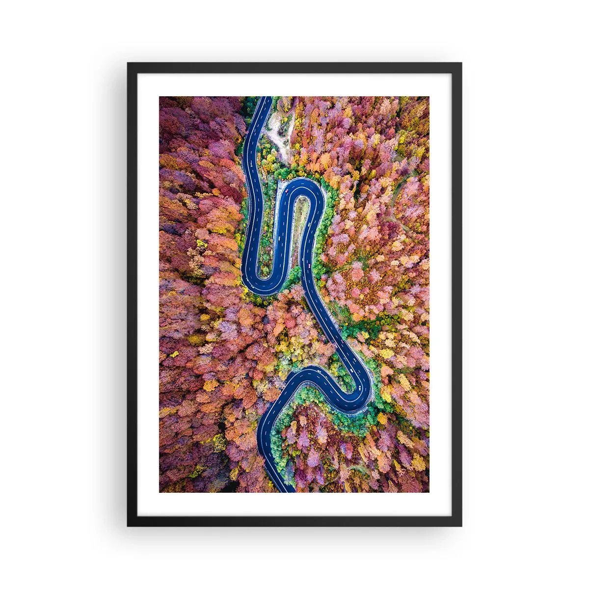 Affisch i svart ram - En slingrande väg i en höstskog sedd från ett fågelperspektiv - 50x70cm - Slingrande väg genom skogen - Modern väggdekoration för vardagsrum och sovrum ARTTOR