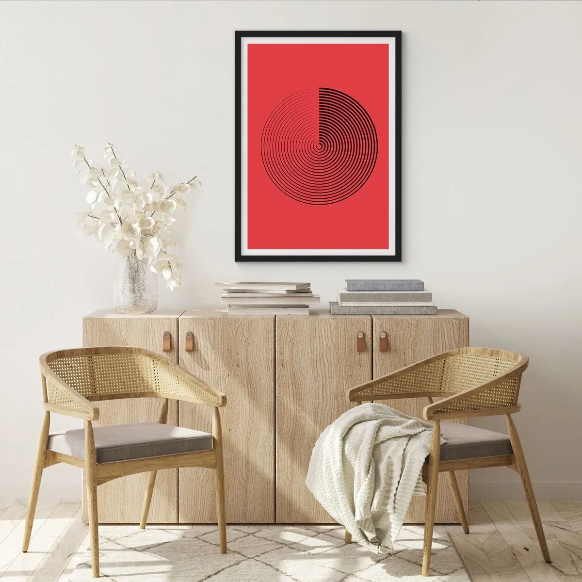 Affisch i svart ram - Geometrisk spiral på en röd bakgrund i minimalistisk stil - 50x70cm - Cirkulär rörelse - Modern väggdekoration för vardagsrum och sovrum ARTTOR