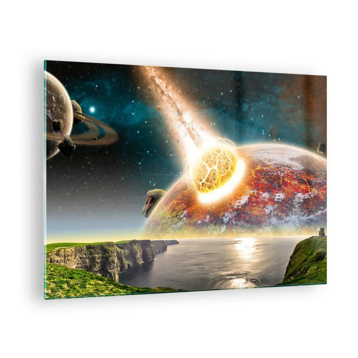 Glastavla - Bild på glas - En meteorit kolliderar med en planet i rymden. - 70x50cm - Rymddrama - Modern väggdekoration för vardagsrum och sovrum ARTTOR