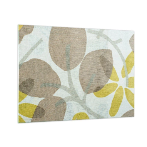 Glastavla - Bild på glas - Stiliserade blad och blommor i pastellfärger av beige och gult - 70x50cm - Komposition i solskenet - Modern väggdekoration för vardagsrum och sovrum ARTTOR