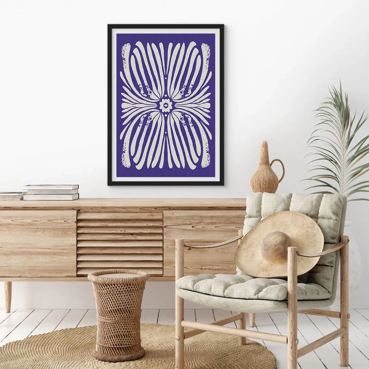 Affisch i svart ram - Symmetriskt retro blommönster på marinblå bakgrund - 50x70cm - Etnisk inspiration - Modern väggdekoration för vardagsrum och sovrum ARTTOR