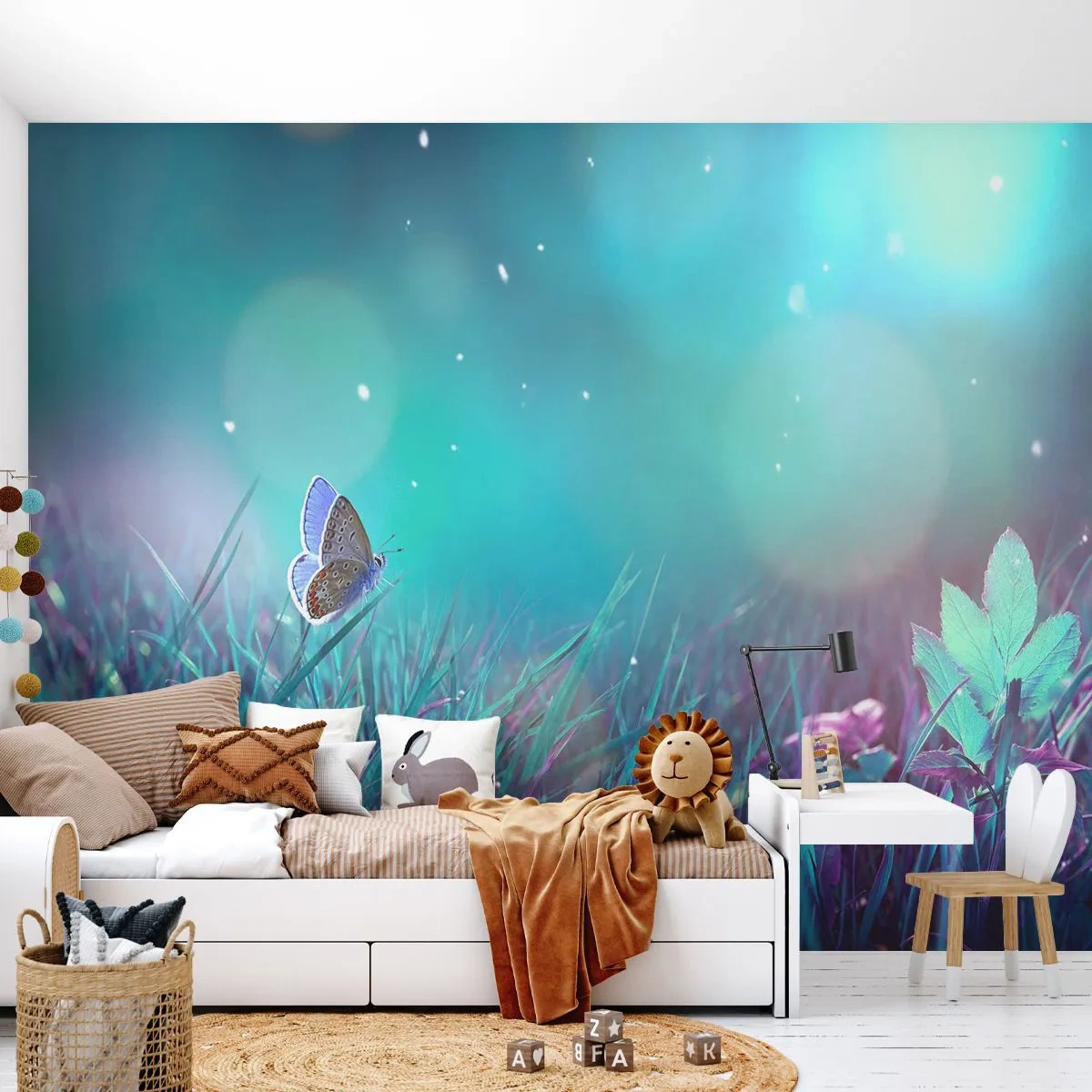 Fototapet Premium Canvas - Ängens hemliga liv - Fjäril, Äng, Bit - 200x140 cm