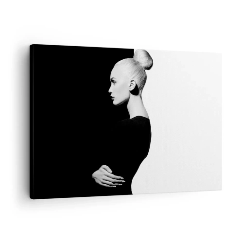 Canvastavla - Bild på duk - Elegant porträtt av en kvinna mot en svartvit bakgrund - 70x50cm - Helt enkelt en kvinna - Modern väggdekoration för vardagsrum och sovrum ARTTOR