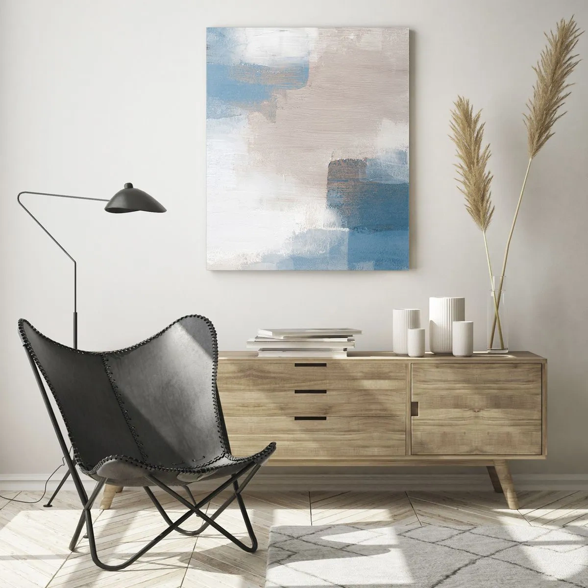 Glastavla - Bild på glas - Rosa abstraktion bakom en blå slöja - 50x70 cm