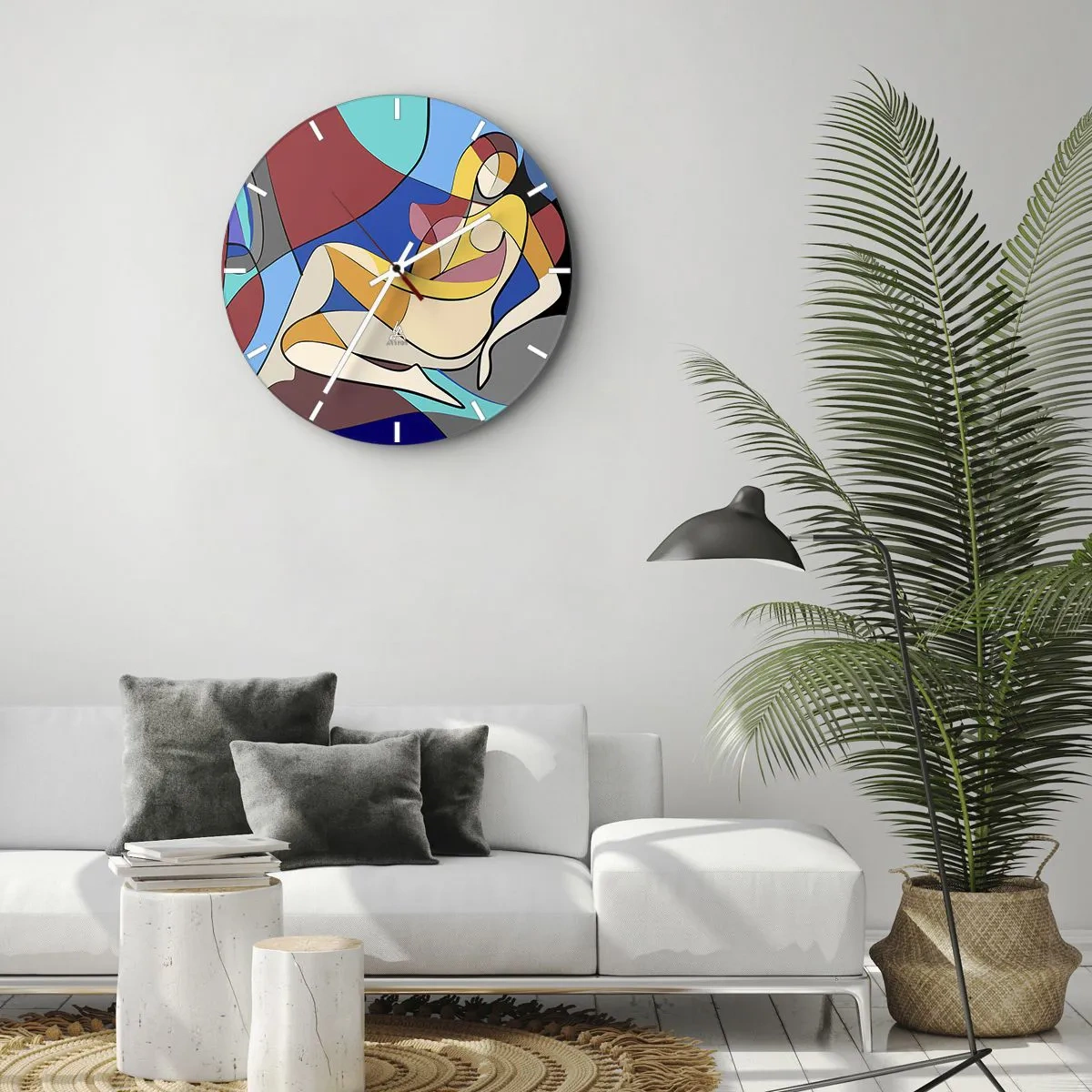 Väggklocka - Klocka på glas - En färgstark kvinnlig nakenbild i kubistisk stil med tydliga konturer. - 30x30cm - Kubistisk nakenbild - Modern väggdekoration för vardagsrum, kök och sovrum ARTTOR