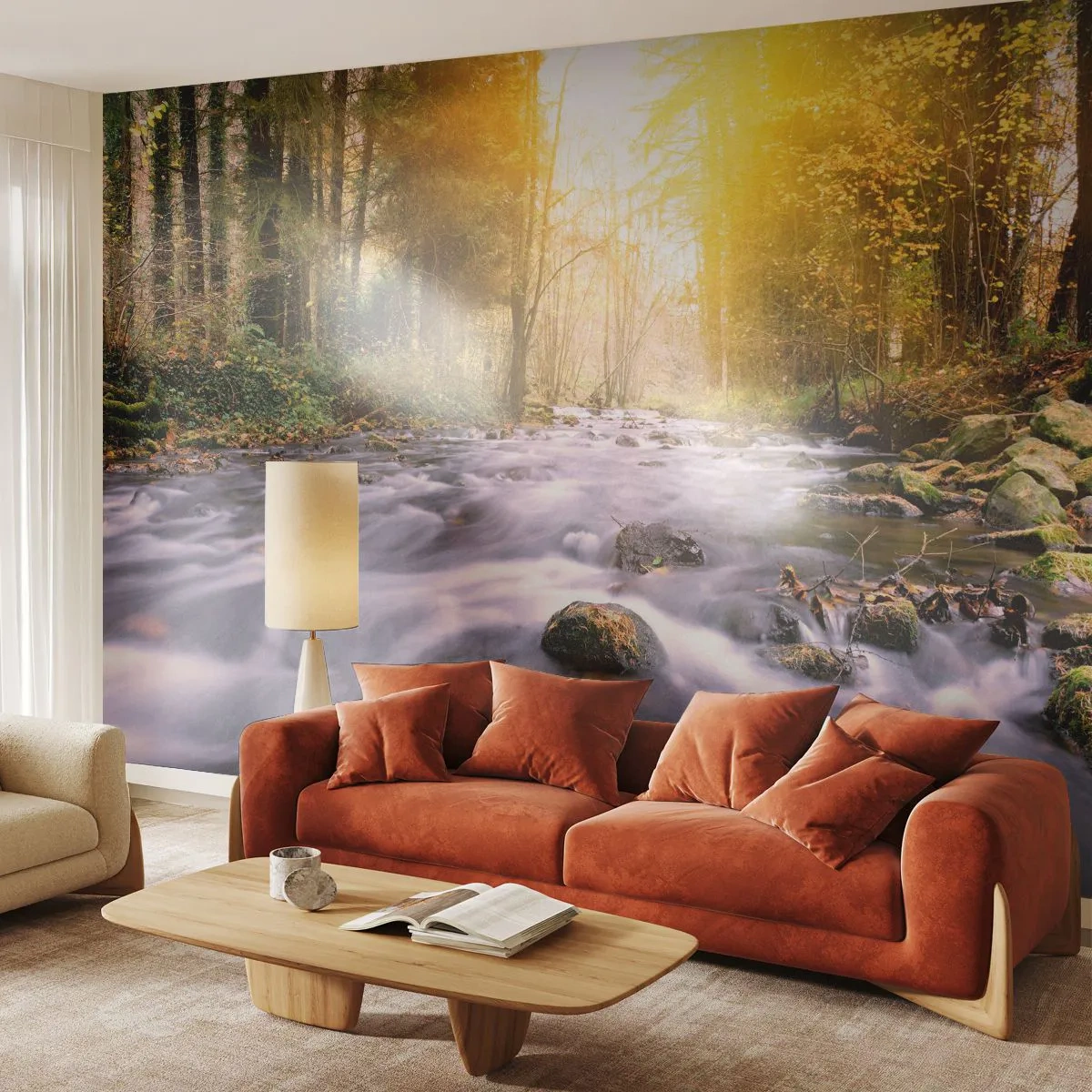 Fototapet Premium Canvas - Malakit i silver-guld infattning - Landskap, Bergström, Skog - 400x280 cm