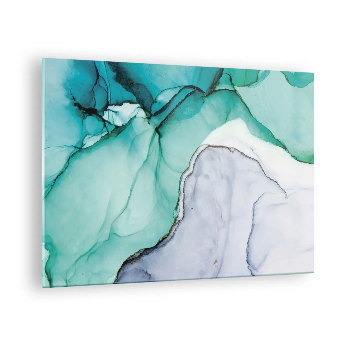 Glastavla - Bild på glas - En abstrakt målning i nyanser av turkos och vitt, med fina sprickor. - 70x50cm - En studie i turkos - Modern väggdekoration för vardagsrum och sovrum ARTTOR