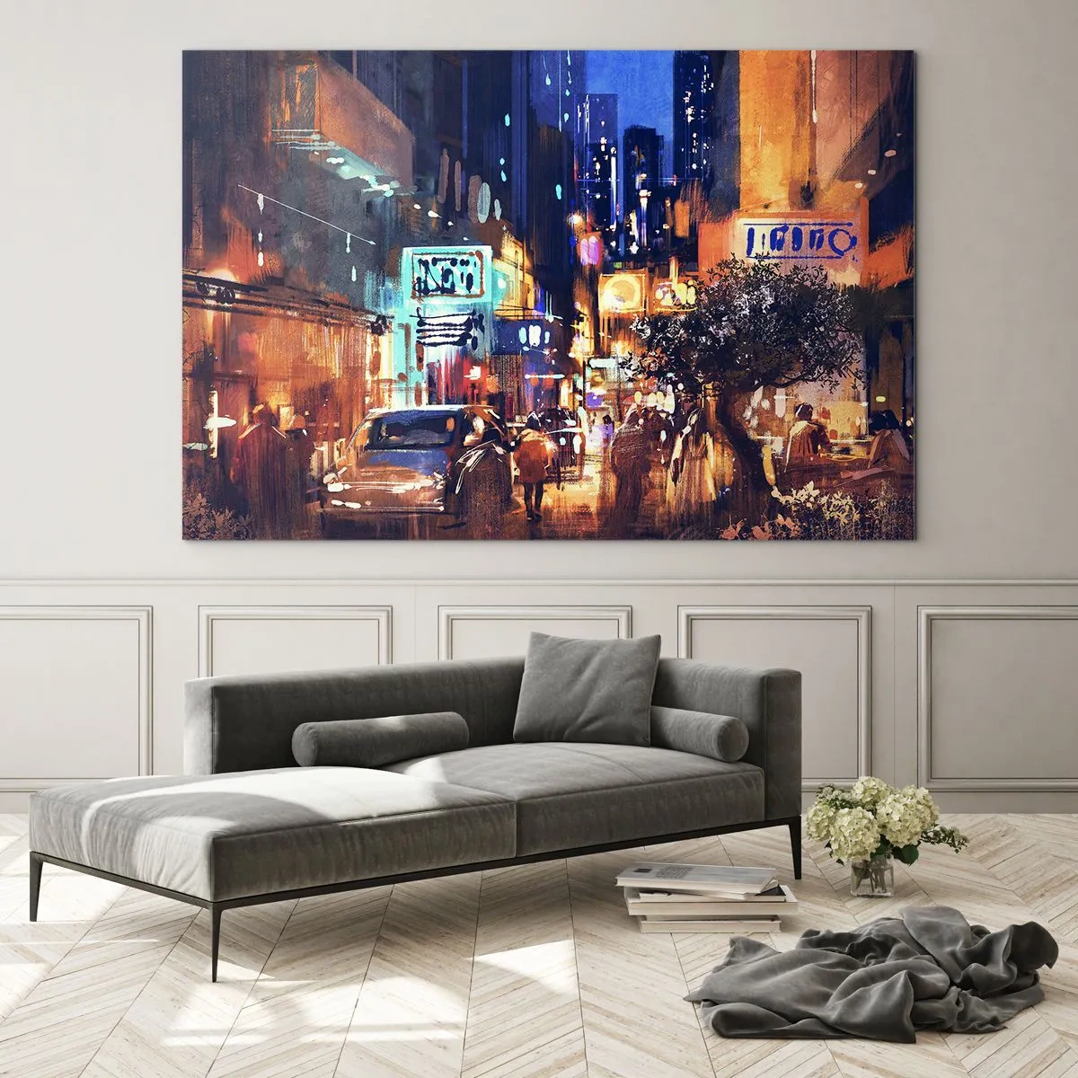 Glastavla - Bild på glas - Pittoresk nattstadsscen med neonljus och gatutrafik - 70x50cm - Och staden sover inte - Modern väggdekoration för vardagsrum och sovrum ARTTOR