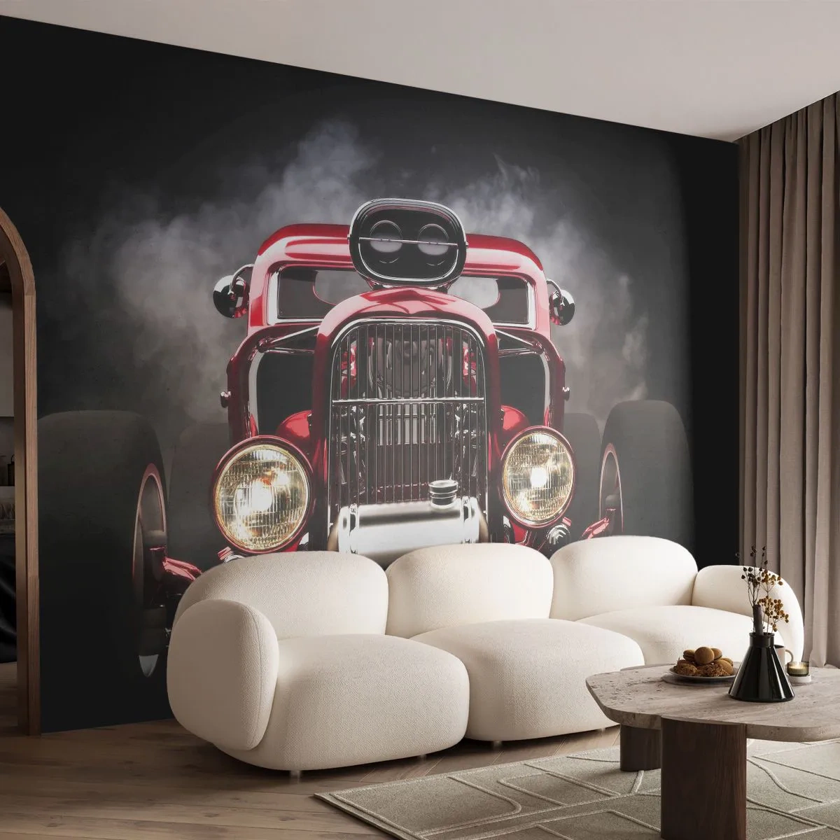 Fototapet Standard Eco - En klassisk hot rod i en mörk bakgrund med slående belysning. - 100x70cm - Snabb och våldsamt vacker - Modern väggdekoration för vardagsrum och sovrum ARTTOR