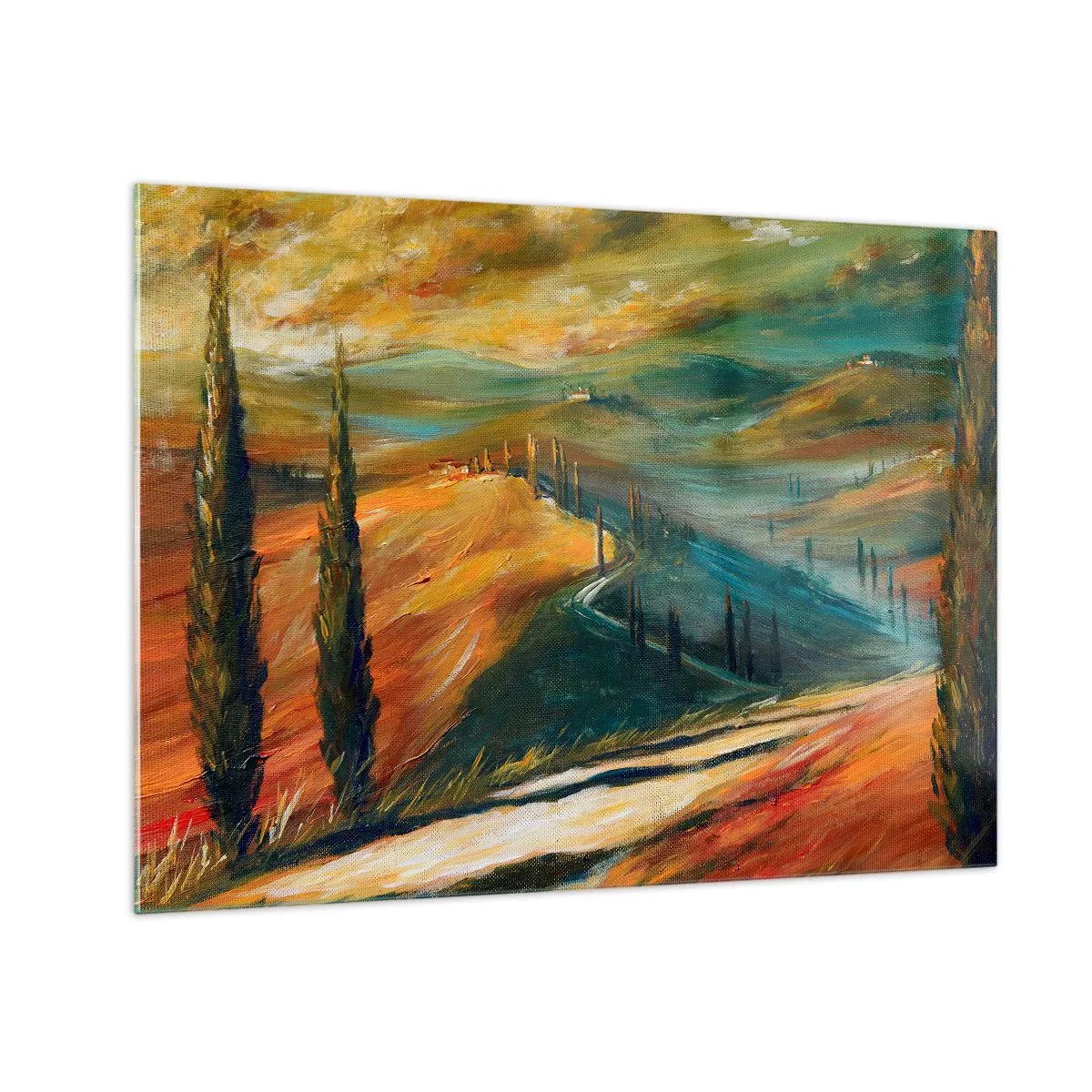 Glastavla - Bild på glas - Solnedgång över en toskansk kulle - 70x50cm - Toskanskt landskap - Modern väggdekoration för vardagsrum och sovrum ARTTOR