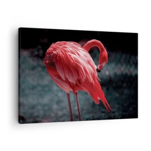 Canvastavla - Bild på duk - En rosa flamingo på en mörkgrön bakgrund - 70x50cm - Djuprött naturpoem - Modern väggdekoration för vardagsrum och sovrum ARTTOR