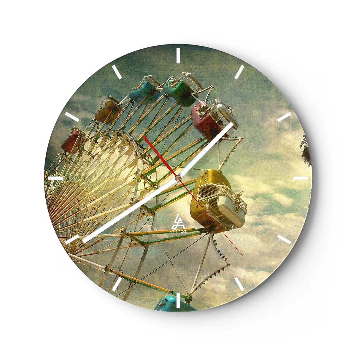 Väggklocka - Klocka på glas - Ett färgglatt pariserhjul mot himlen i retrostil - 30x30cm - Kommer att bli, kommer att bli kul.... - Modern väggdekoration för vardagsrum, kök och sovrum ARTTOR