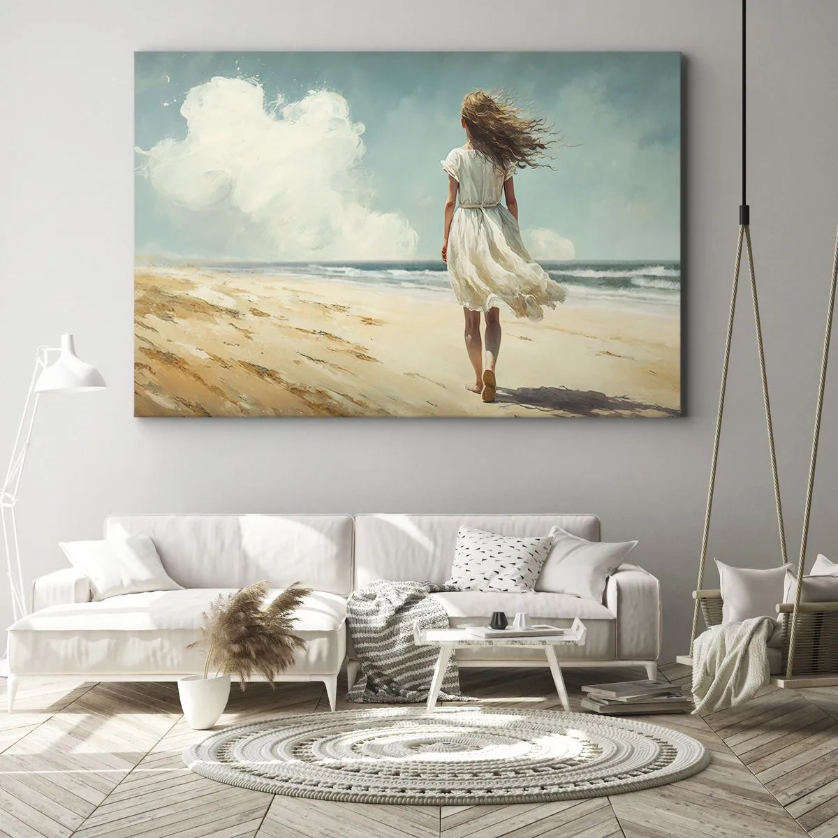 Canvastavla - Bild på duk - En kvinna i vit klänning som går på stranden på en solig dag - 70x50cm - Att möta solen och vinden - Modern väggdekoration för vardagsrum och sovrum ARTTOR