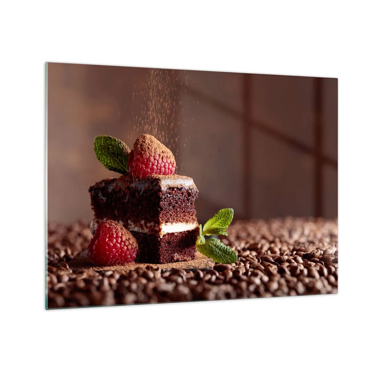 Glastavla - Bild på glas - Chokladdessert med hallon och myntablad - 70x50cm - Livet är ljuvt - Modern väggdekoration för vardagsrum och sovrum ARTTOR