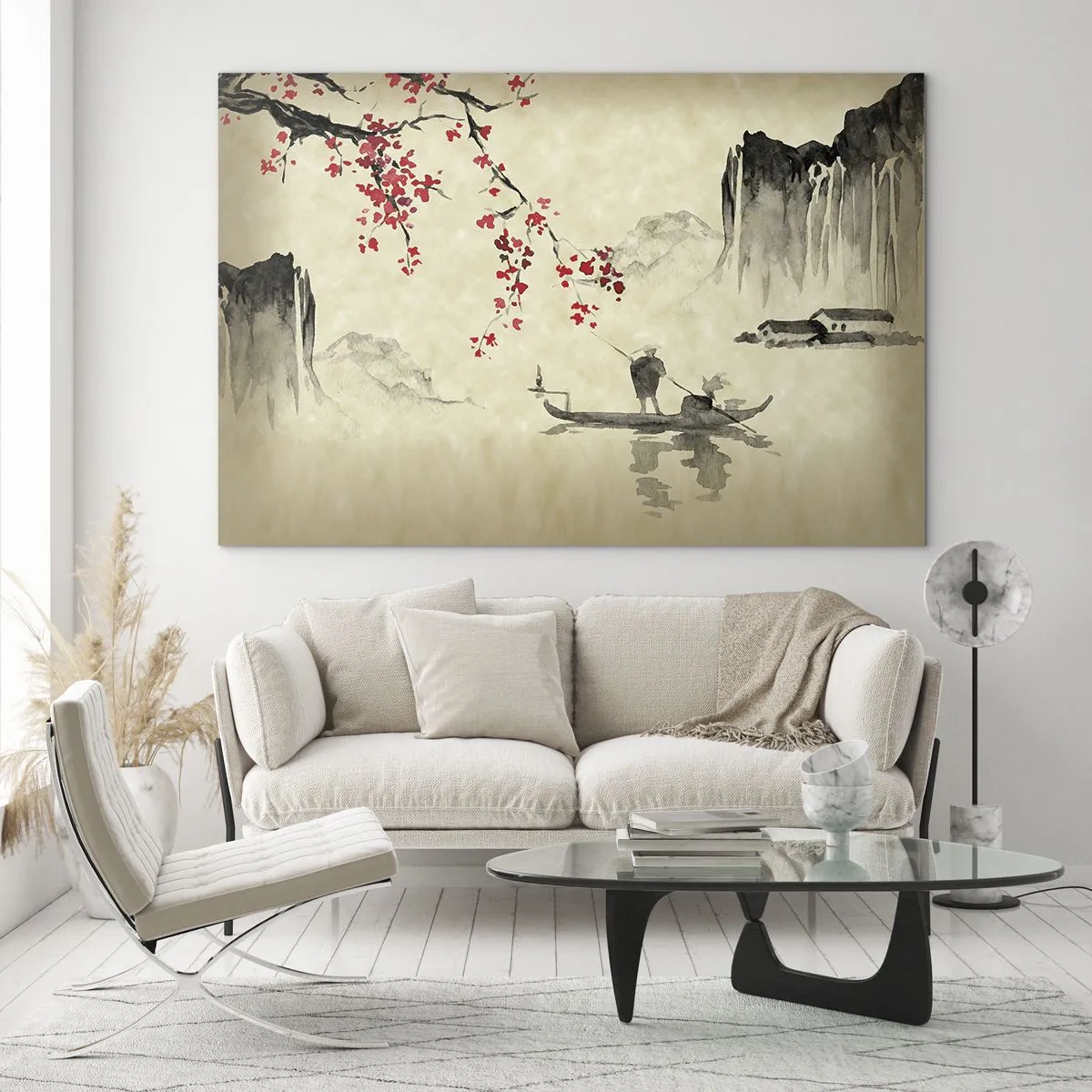 Glastavla - Bild på glas - Orientalisk fiskeplats med körsbärsblomsgren och berg - 70x50cm - I det blommande körsbärslandet - Modern väggdekoration för vardagsrum och sovrum ARTTOR