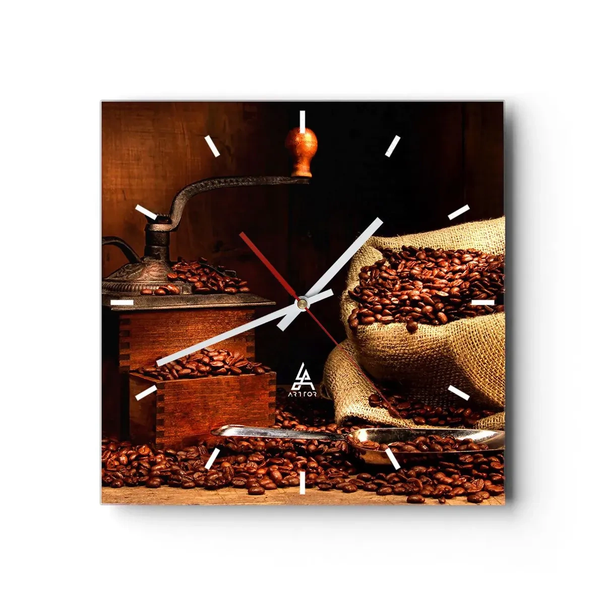Väggklocka - Klocka på glas - Stilleben med kaffebönor och kvarn - 40x40 cm