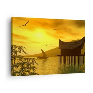 Canvastavla - Bild på duk - Tropisk solnedgång över vatten med trähus på pålar. - 70x50cm - Efterlängtad ro - Modern väggdekoration för vardagsrum och sovrum ARTTOR