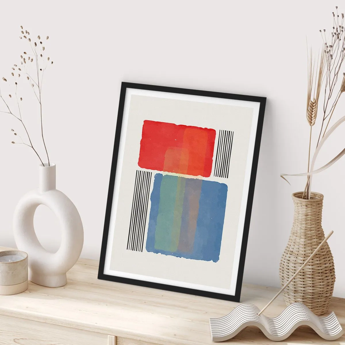 Affisch i svart ram - Abstrakt komposition med röda och blå rektanglar - 50x70cm - Geometrins anda  - Modern väggdekoration för vardagsrum och sovrum ARTTOR
