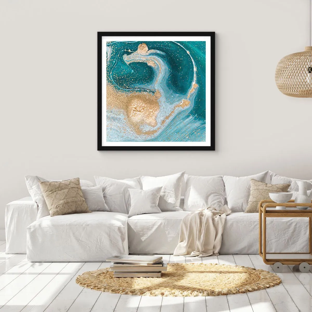 Affisch i svart ram - Guld- och turkosvirvel - 50x50 cm