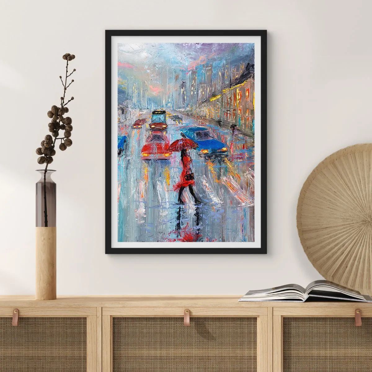 Affisch i svart ram - Impressionistisk stadsbild i regnet - 50x70cm - Regnig eftermiddag i staden - Modern väggdekoration för vardagsrum och sovrum ARTTOR