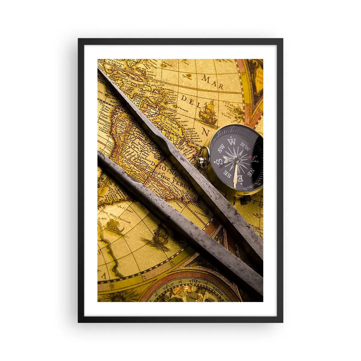 Affisch i svart ram - Gammal karta med kompass och navigationsverktyg - 50x70cm - Var är skatterna? - Modern väggdekoration för vardagsrum och sovrum ARTTOR
