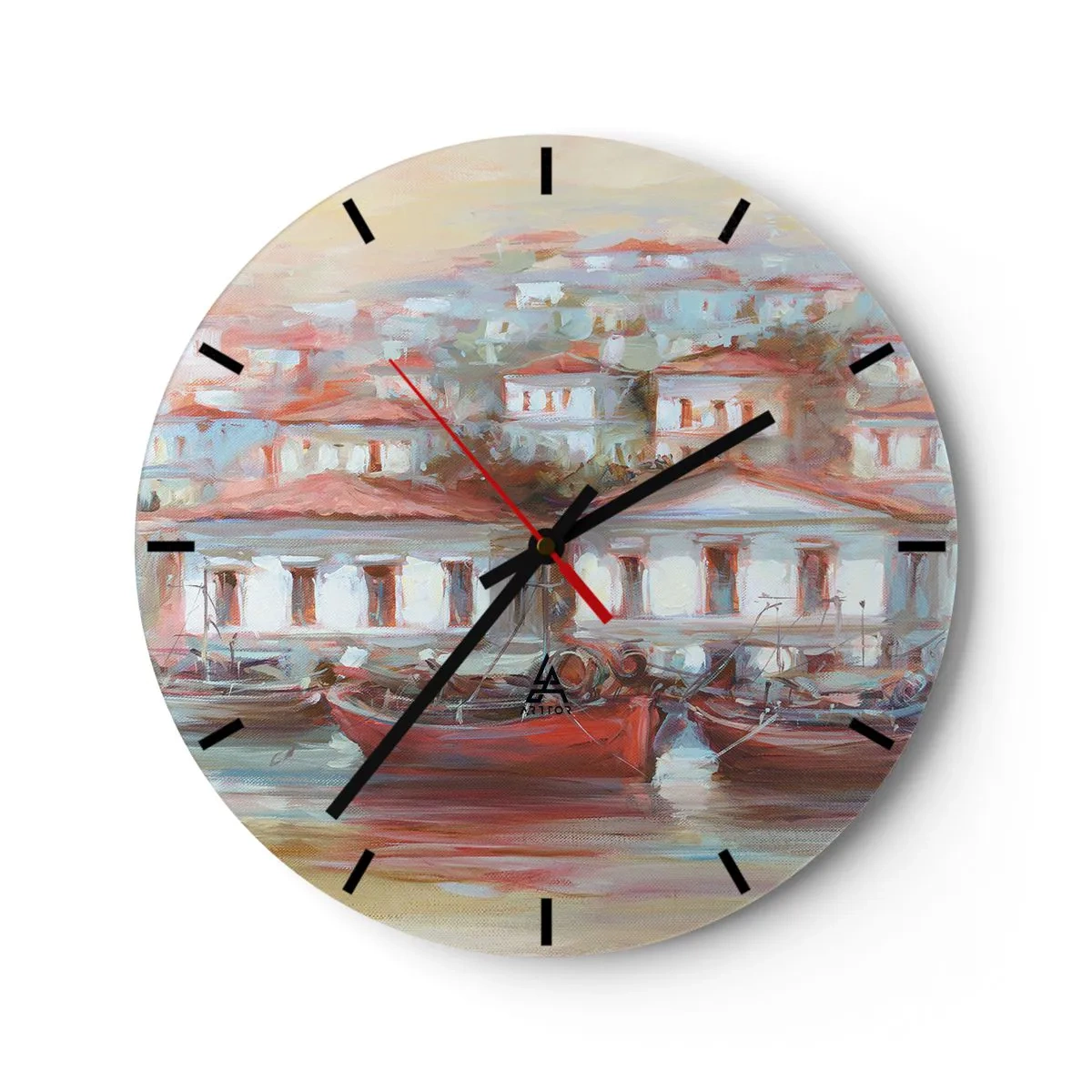 Väggklocka - Klocka på glas - En pittoresk hamn med båtar och medelhavsarkitektur - 30x30cm - Lycklig stad - Modern väggdekoration för vardagsrum, kök och sovrum ARTTOR