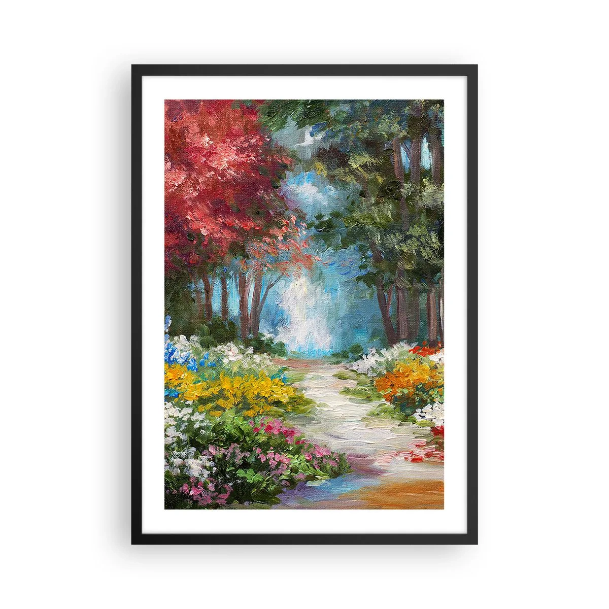 Affisch i svart ram - En färgglad skogsträdgård full av blommor och träd - 50x70cm - Skogsträdgård, blomskog - Modern väggdekoration för vardagsrum och sovrum ARTTOR