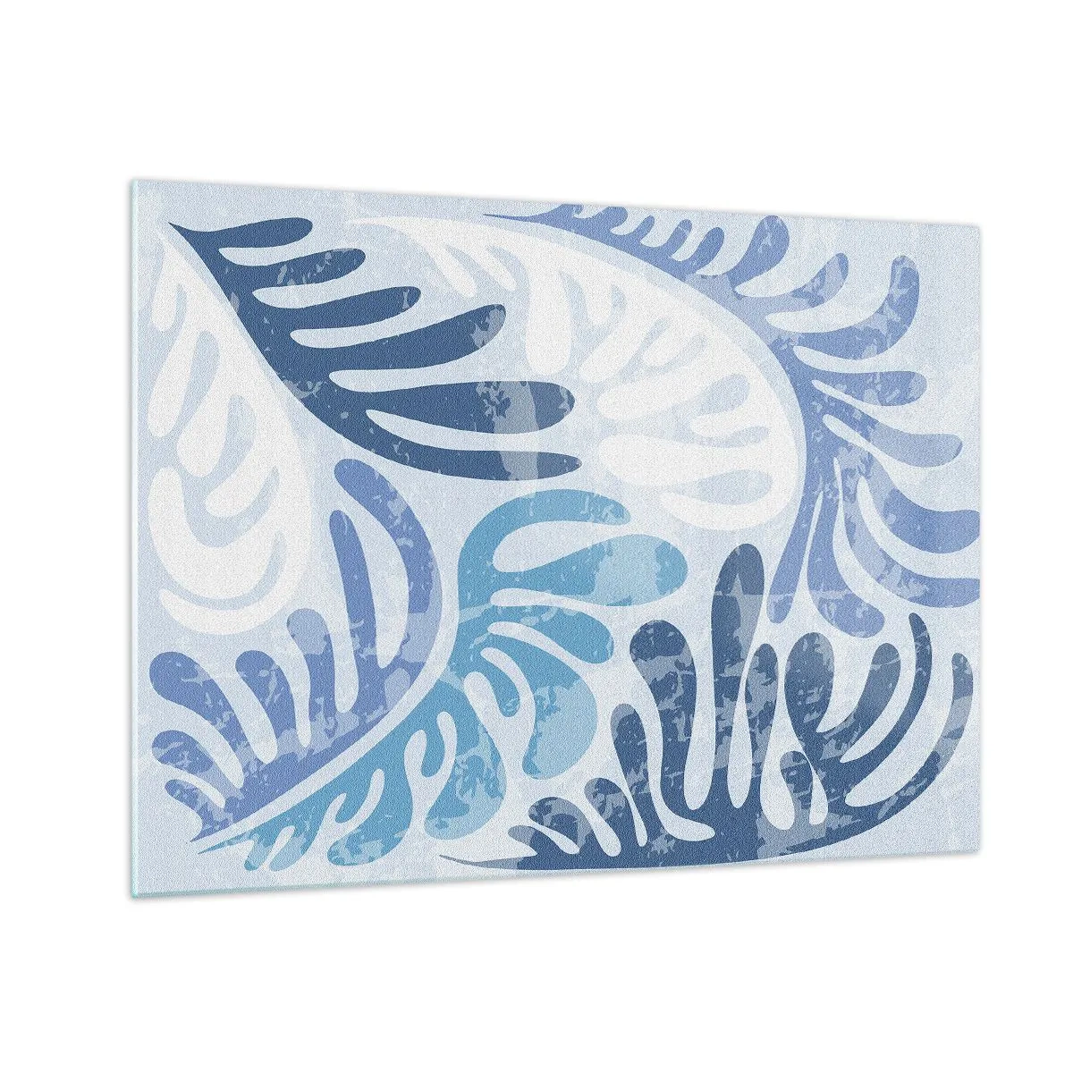Glastavla - Bild på glas - Dekorativa ormbunkeblad i nyanser av blått mot en ljus bakgrund - 70x50cm - Blåa ormbunkar - Modern väggdekoration för vardagsrum och sovrum ARTTOR