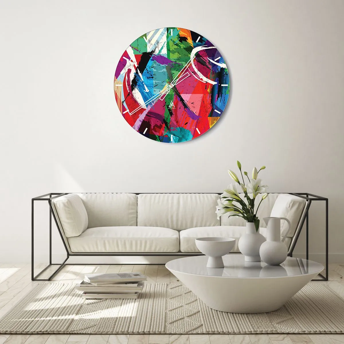 Väggklocka - Klocka på glas - Ett abstrakt mönster med intensiva färger och dynamiska linjer. - 30x30cm - Snabbt och livligt - Modern väggdekoration för vardagsrum, kök och sovrum ARTTOR