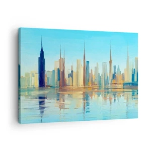 Canvastavla - Bild på duk - Ett panorama över staden i varma färger med reflektion i vattnet - 70x50cm - Solig metropol - Modern väggdekoration för vardagsrum och sovrum ARTTOR