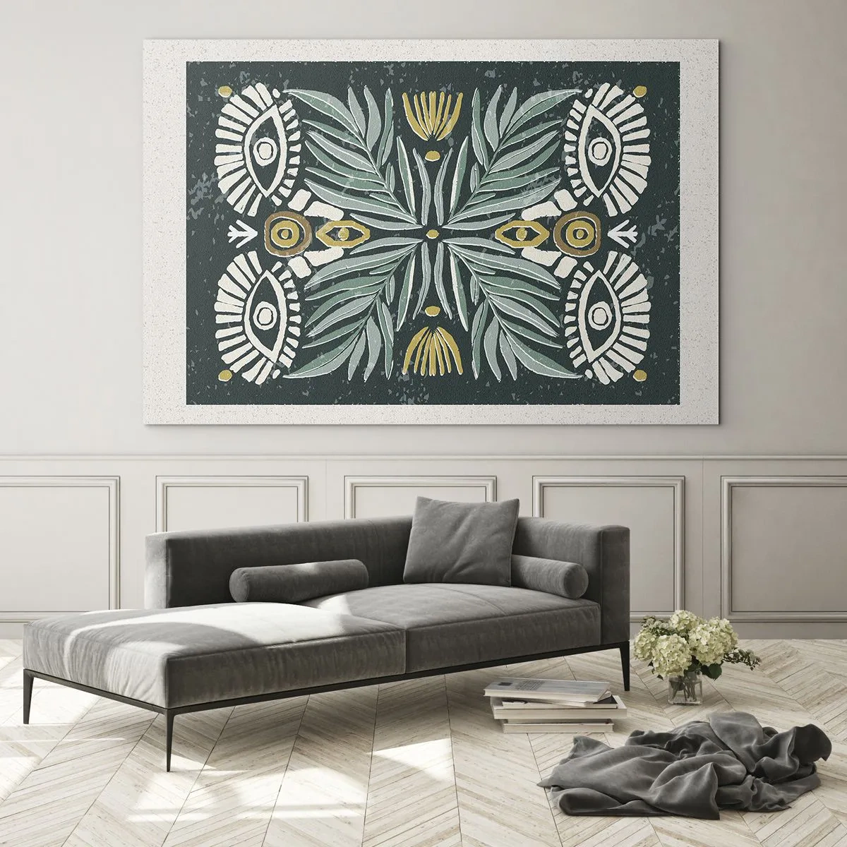 Glastavla - Bild på glas - En symmetrisk komposition av löv och mönster i folkstil - 70x50cm - Som ett folkligt mönster - Modern väggdekoration för vardagsrum och sovrum ARTTOR