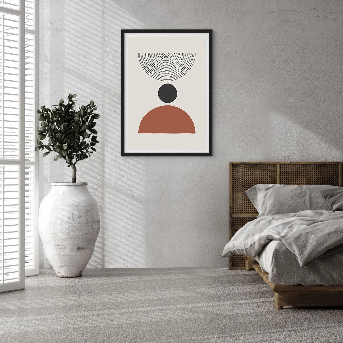 Affisch i svart ram - Geometriskt motiv med en halvcirkel och linjer på en ljus bakgrund - 50x70cm - I fokus - Modern väggdekoration för vardagsrum och sovrum ARTTOR