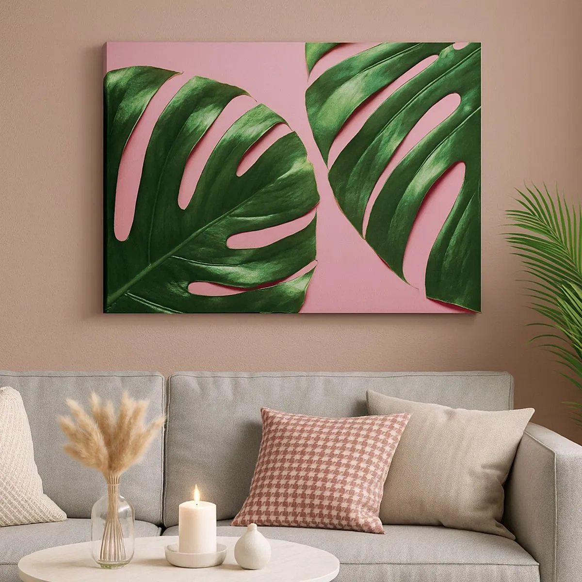 Canvastavla - Bild på duk - Gröna monsterablad på en rosa bakgrund - 70x50cm - Grön rendez-vous - Modern väggdekoration för vardagsrum och sovrum ARTTOR