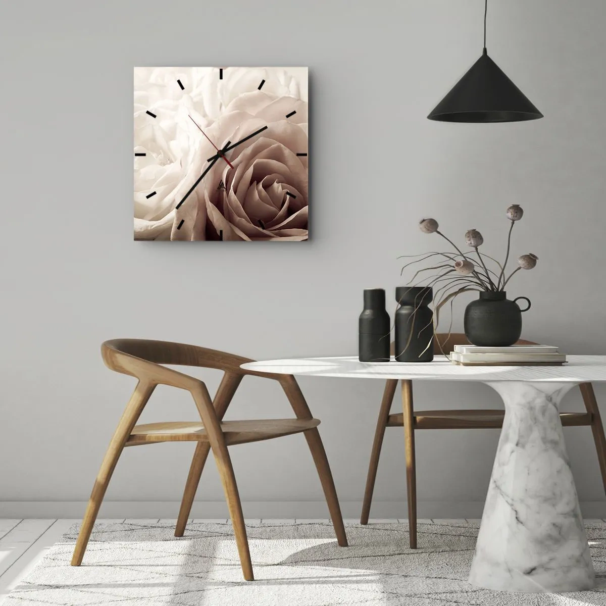 Väggklocka - Klocka på glas - I hjärtat av en ros - 40x40 cm