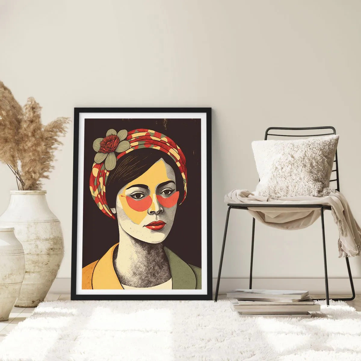 Affisch i svart ram - Stiliserat porträtt av en kvinna i turban med blommig accent - 50x70cm - Koralldam - Modern väggdekoration för vardagsrum och sovrum ARTTOR
