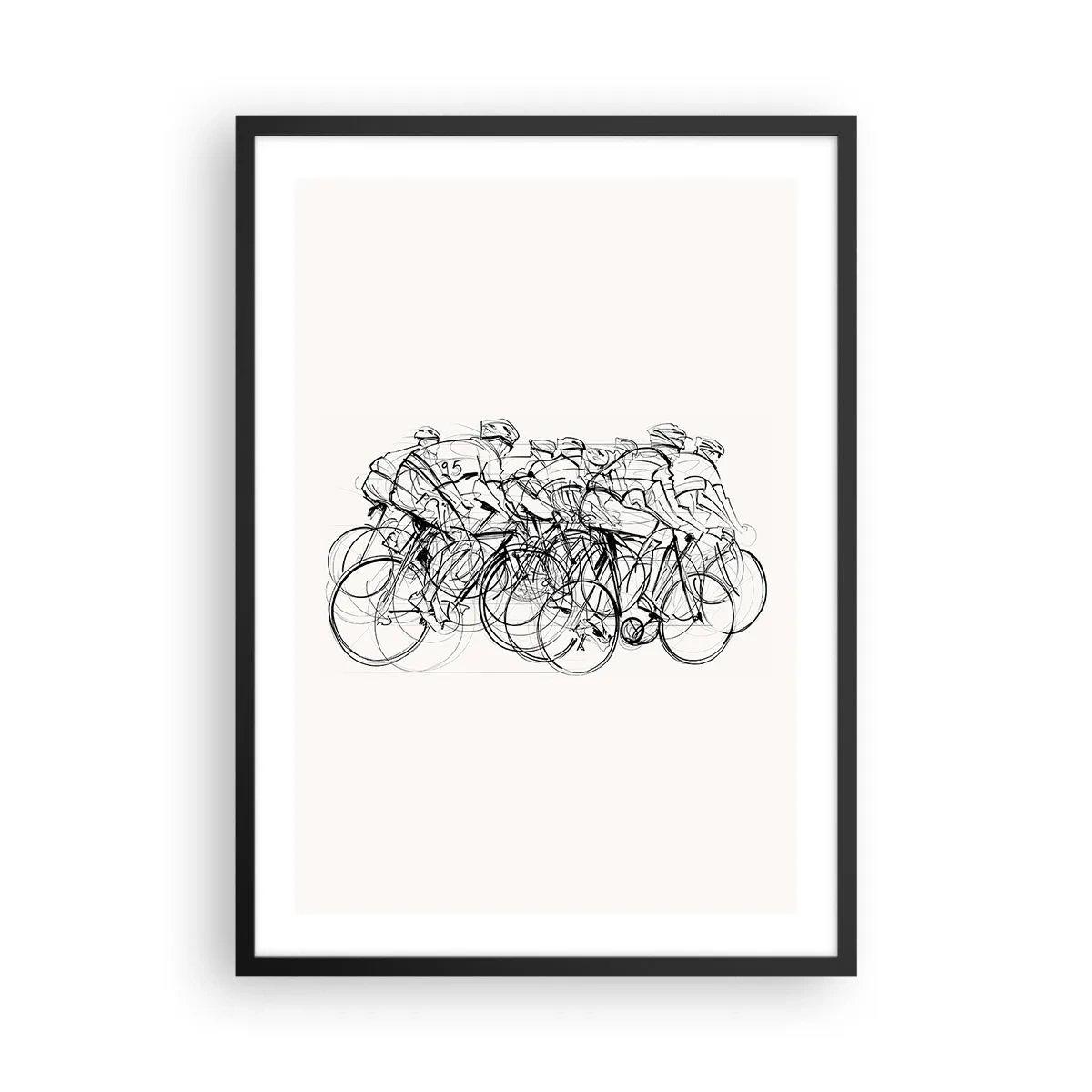 Affisch i svart ram - Skiss av cyklister som tävlar mot en minimalistisk bakgrund - 50x70cm - Lagarbete - Modern väggdekoration för vardagsrum och sovrum ARTTOR
