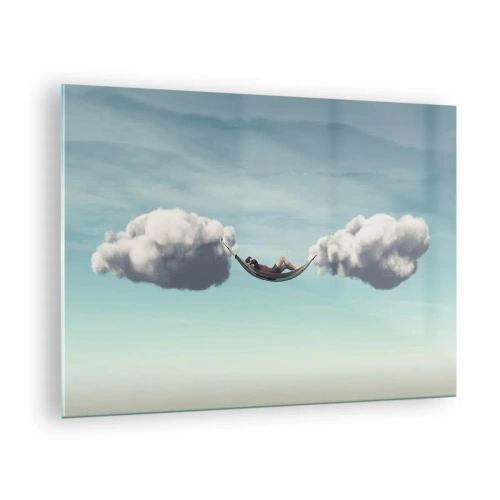 Glastavla - Bild på glas - Molnhängmattor i en blå himmel - 70x50cm - Stundens salighet - Modern väggdekoration för vardagsrum och sovrum ARTTOR