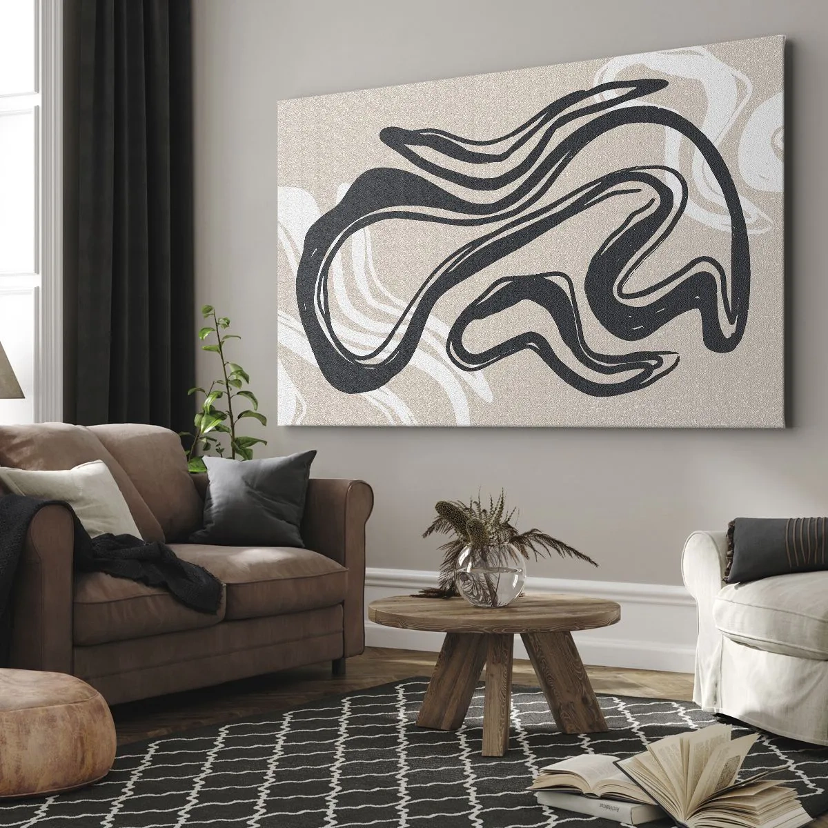 Canvastavla - Bild på duk - Abstrakta linjer i mörka nyanser på en beige bakgrund - 70x50cm - Mångfaldigt uttryck - Modern väggdekoration för vardagsrum och sovrum ARTTOR