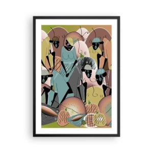 Affisch i svart ram - En stiliserad komposition av afrikanska figurer med pastellfärgad frukt. - 50x70cm - Högtiden kommer - Modern väggdekoration för vardagsrum och sovrum ARTTOR